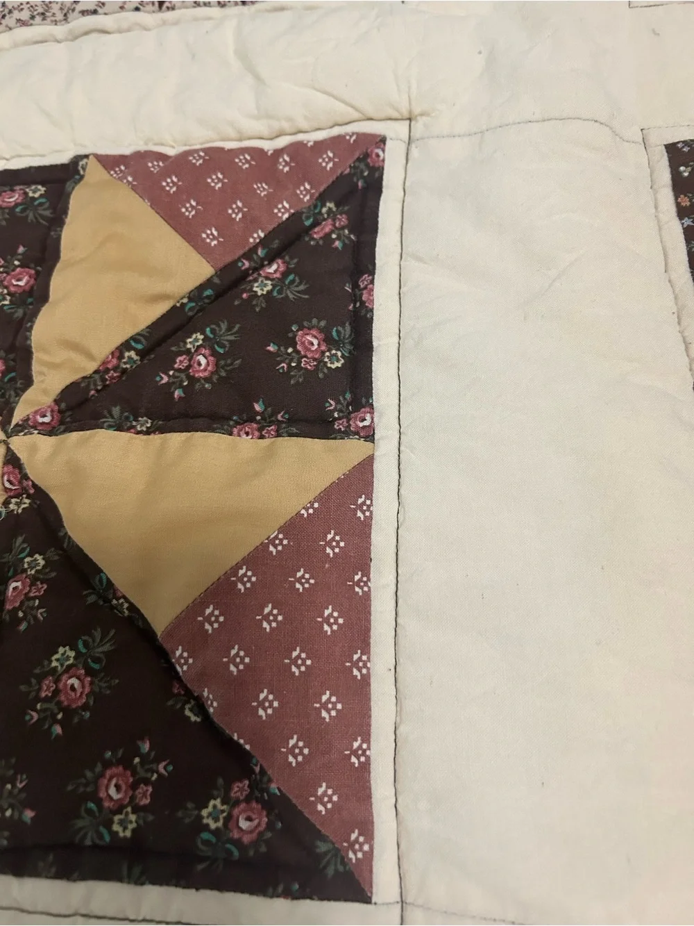 Handmade Patchwork Crib Quilt. Cream with Brown, Rust and Mustard Accent